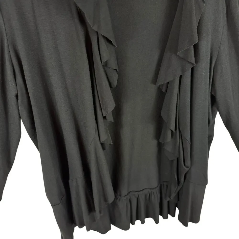 Pointelle Black 3/4 Sleeve Ruffled Lightweight Stretchy Cropped Open Blouse Sz L